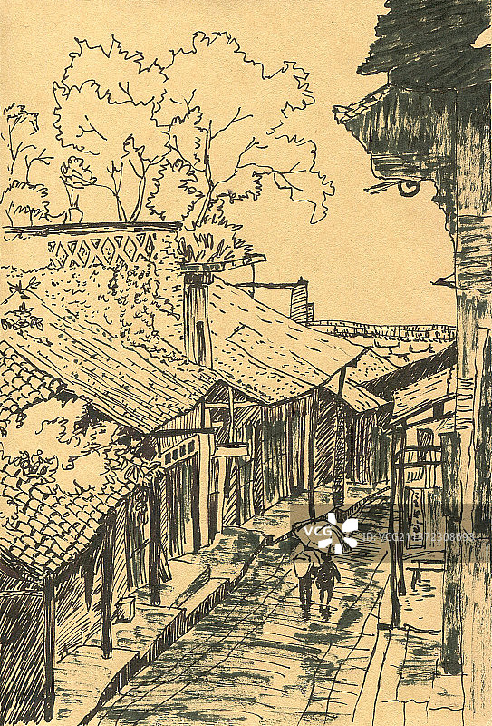 钢笔画古镇老街图片素材