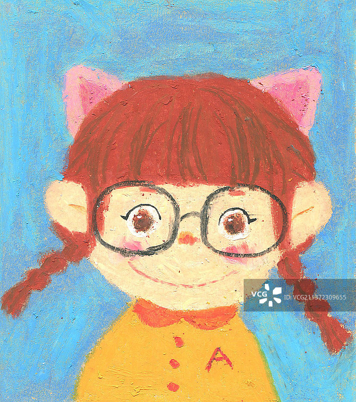 戴眼镜的猫猫女孩油画棒图片素材