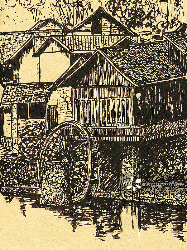 钢笔风景画水车图片素材