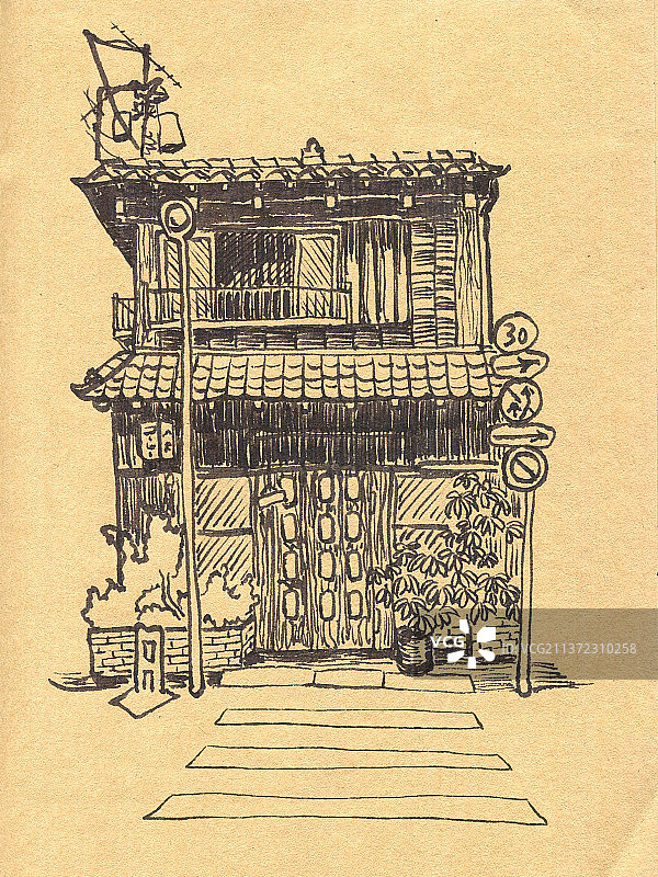 钢笔画街屋小店图片素材