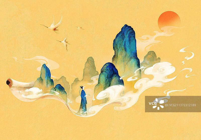 山水画，插画，中国文化，传统图片素材