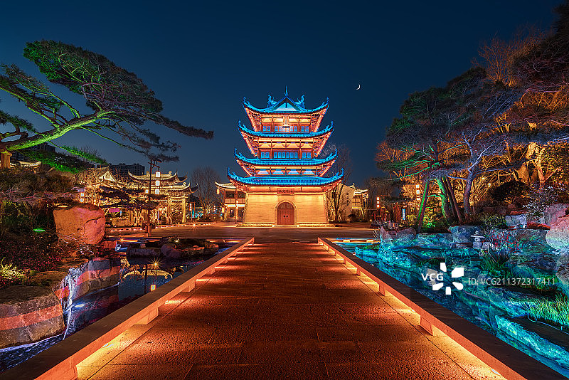 浙江台州椒江葭沚老街文昌阁夜景图片素材