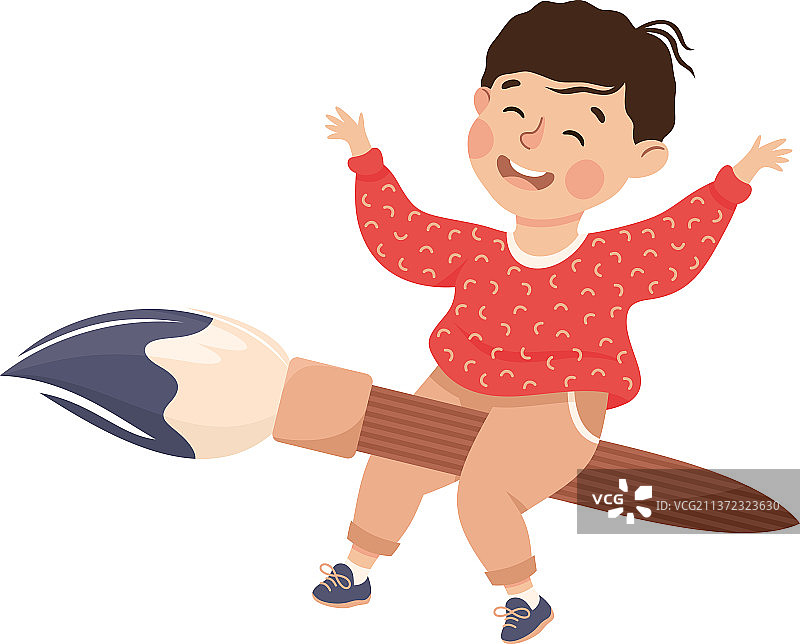 小男孩在画笔上飞行并挥手图片素材