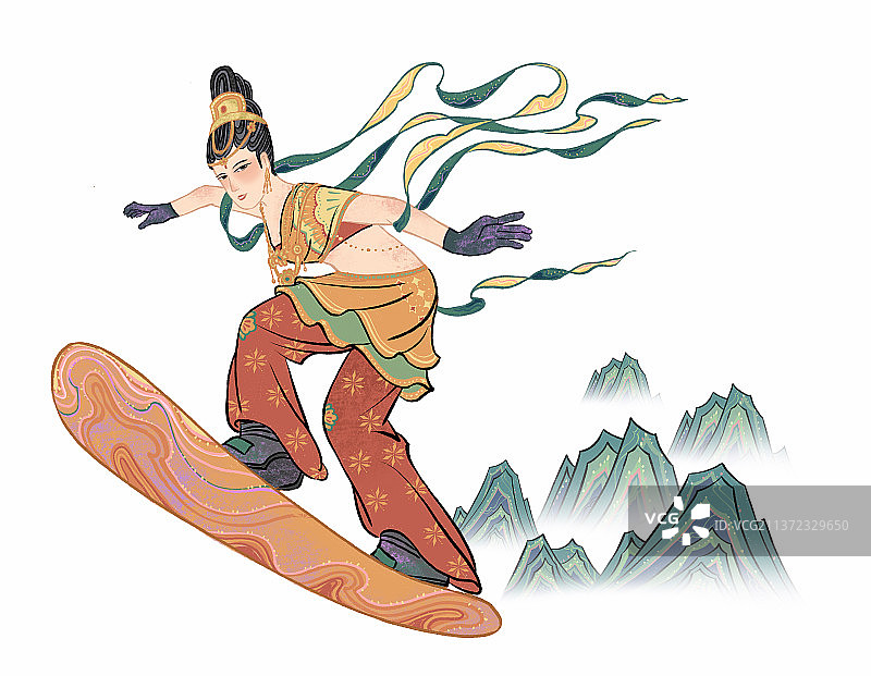 古风水墨敦煌仙女冬奥主题单板滑雪图片素材