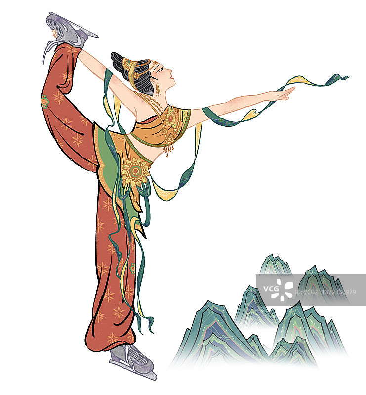 古风水墨敦煌壁画仙女冬奥主题花样滑冰图片素材