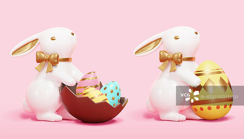 可爱复活节兔子与巧克力彩蛋三維元素图片素材