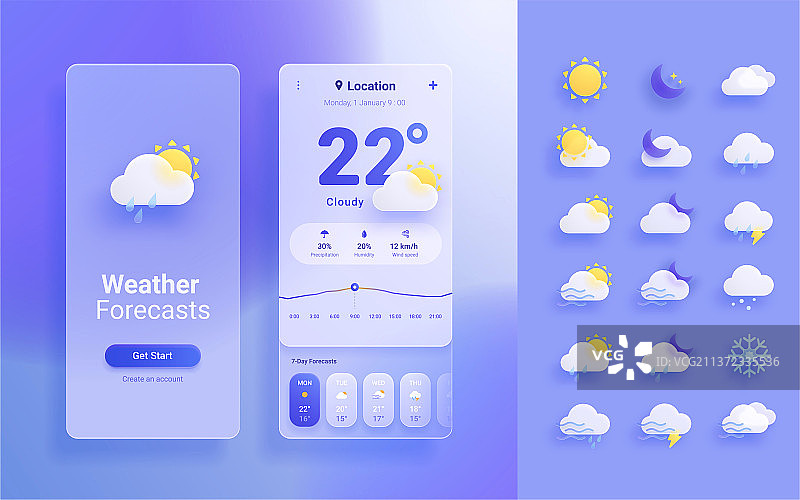 玻璃拟态UI界面设计 紫色天气预报app图片素材
