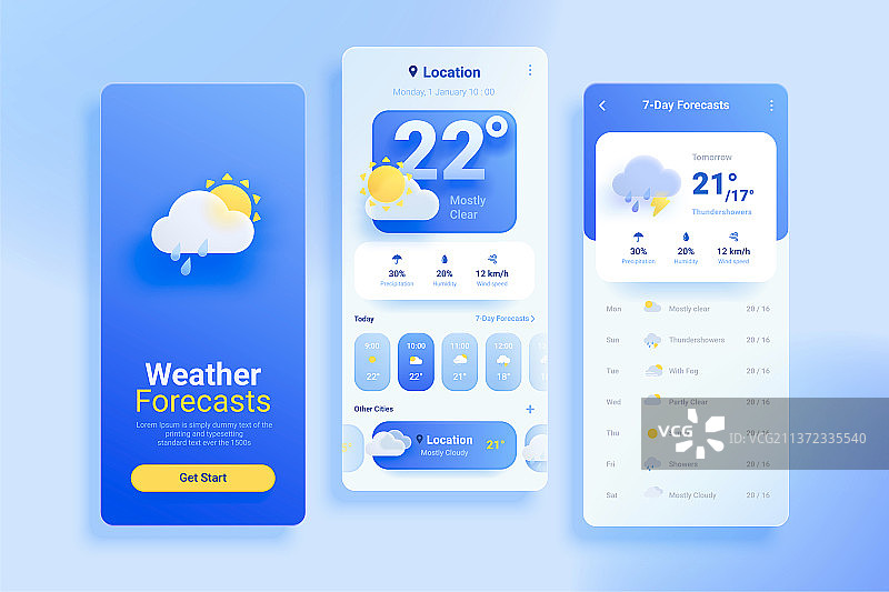 玻璃拟态UI界面设计 蓝色天气预报app图片素材