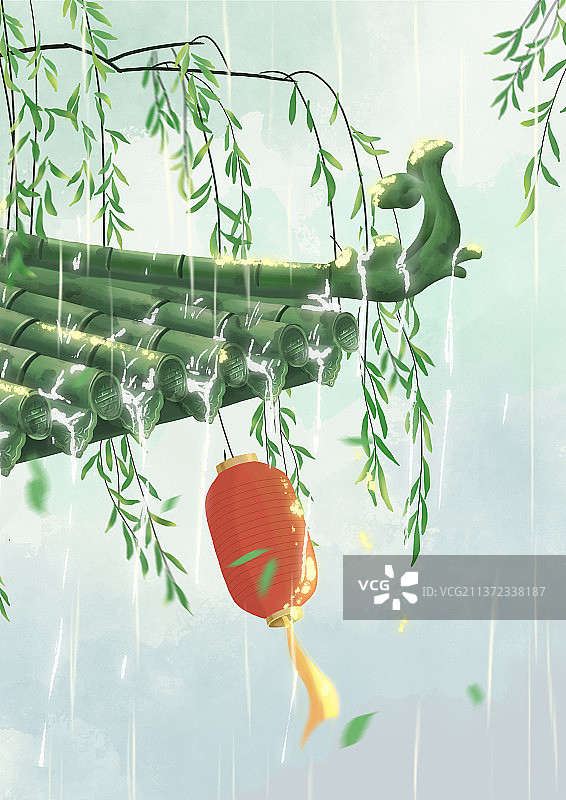 下雨天的中国风中式屋檐和红灯笼图片素材