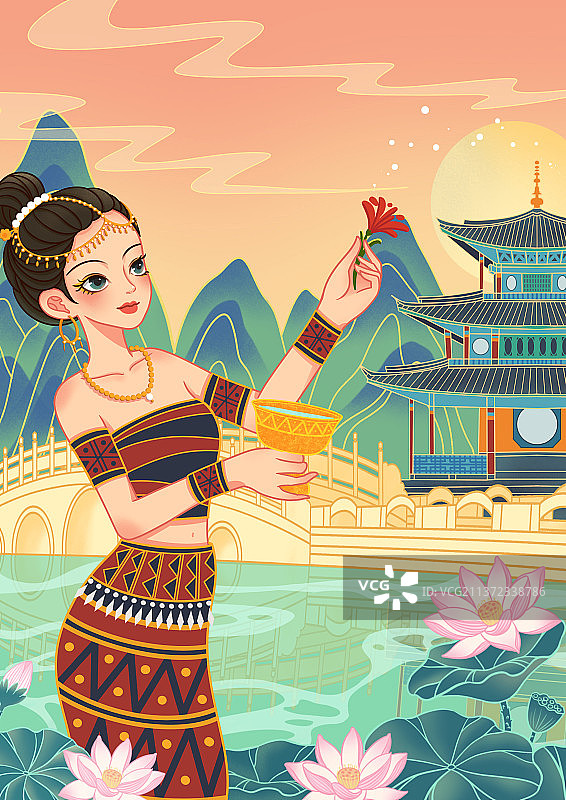 中国,云南,丽江,黑龙潭,公园，桥，亭子，少数民族，泼水节图片素材