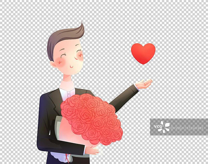 一手抱着玫瑰，一手托举爱心的西服帅哥，卡通人物免扣素材图片素材