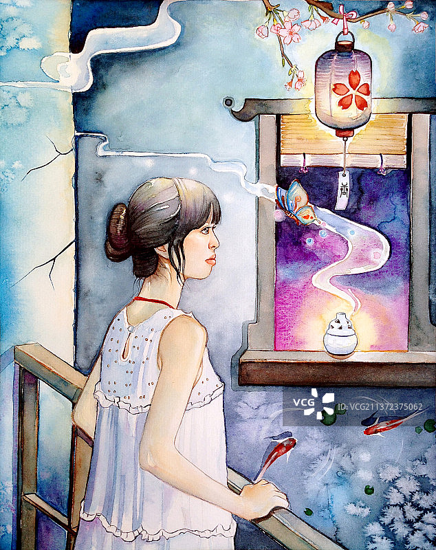 少女在阳台眺望远方图片素材