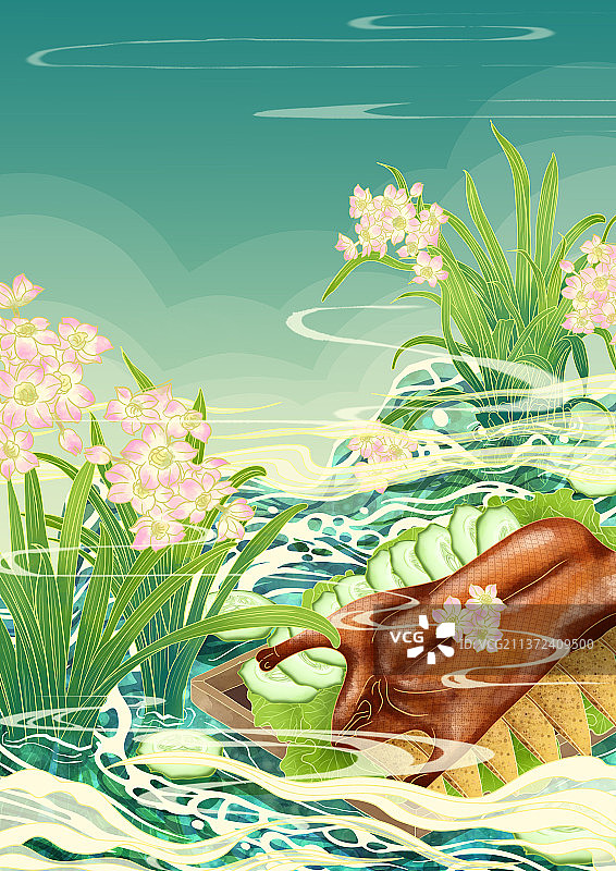 二十四节气传统美食国潮插画处暑图片素材