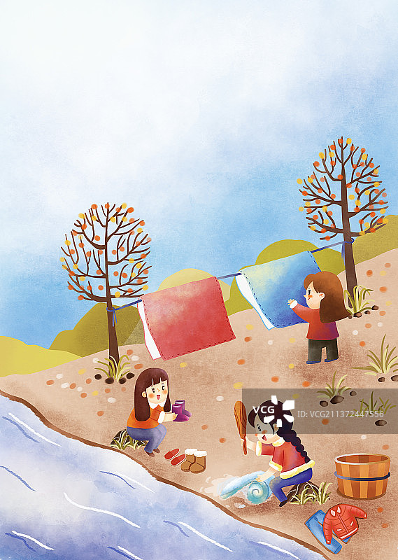 春节洗衣乡村插图图片素材