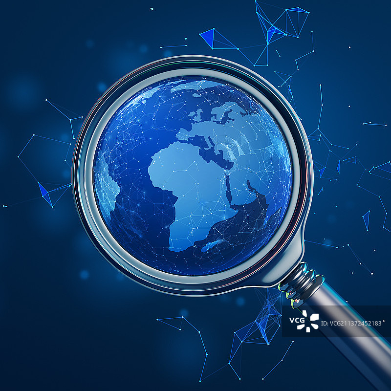 蓝色科技背景和搜索概念，放大镜与科技网络空间图片素材