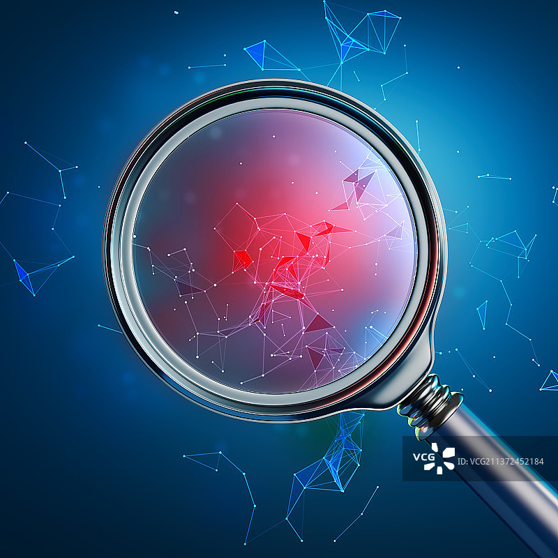 蓝色科技背景和搜索概念，放大镜与科技网络空间图片素材