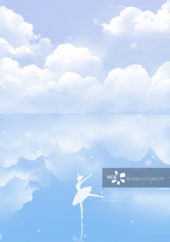 蓝色唯美治愈少女风景插画，天与海中，小小的芭蕾舞少女剪影图片素材