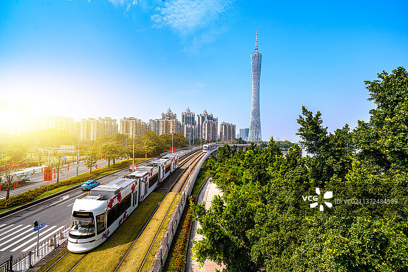 广州城市风光地标广州塔和有轨观光电车高视角日落全景图片素材