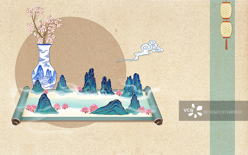 国风青花瓷卷轴江山图图片素材