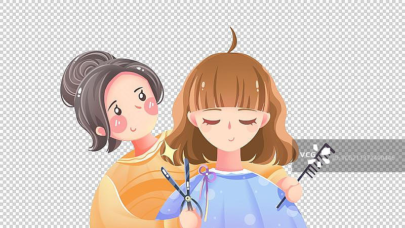 理发师给女孩剪头发，卡通生活日常免扣素材图片素材