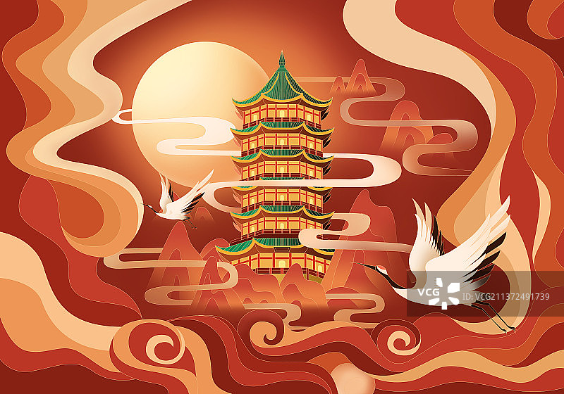 国潮风中秋月亮古塔祥云飞鹤插画图片素材