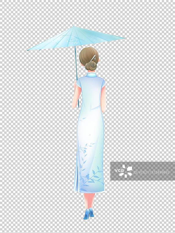 撑伞的旗袍美女背影，卡通手绘人物免扣素材图片素材
