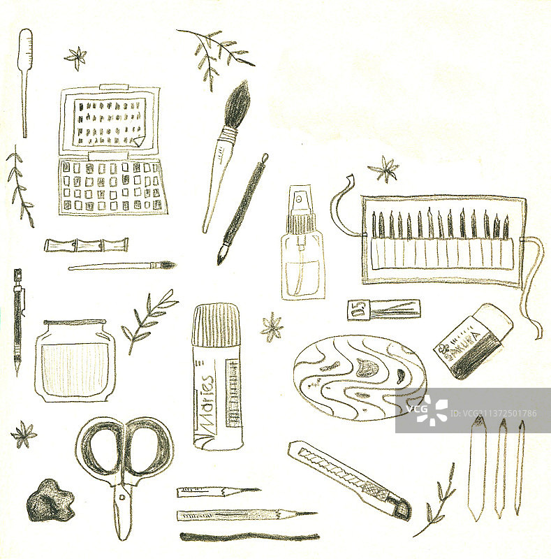 炭笔手绘插画师的工具系列图片素材