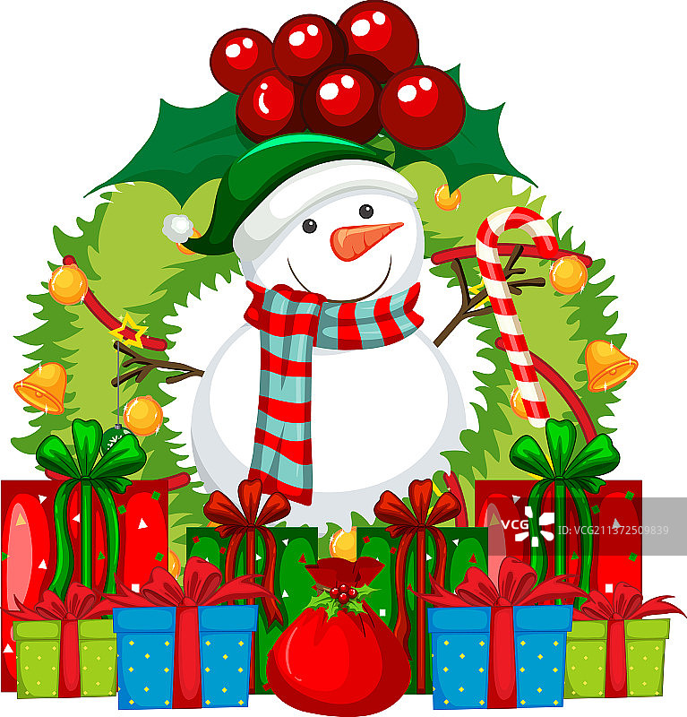 圣诞花环上的雪人与许多礼品盒图片素材