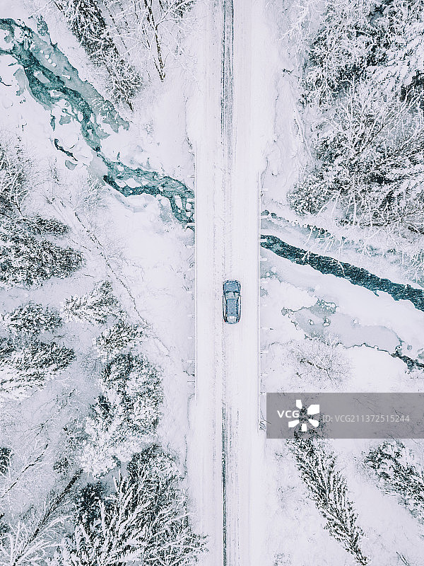 波兰贝斯基德山脉某处：白雪皑皑的陆地上的道路鸟瞰图图片素材