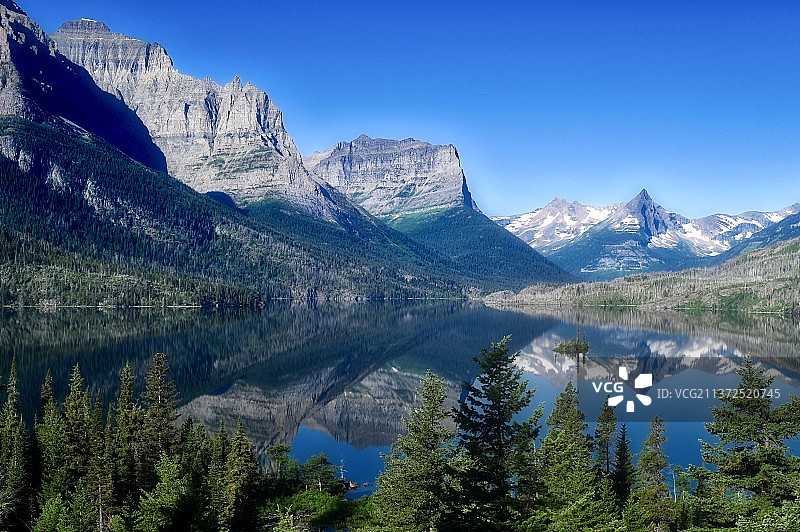 圣玛丽湖风光：湖泊与山脉的壮丽景色（美国蒙大拿州）图片素材