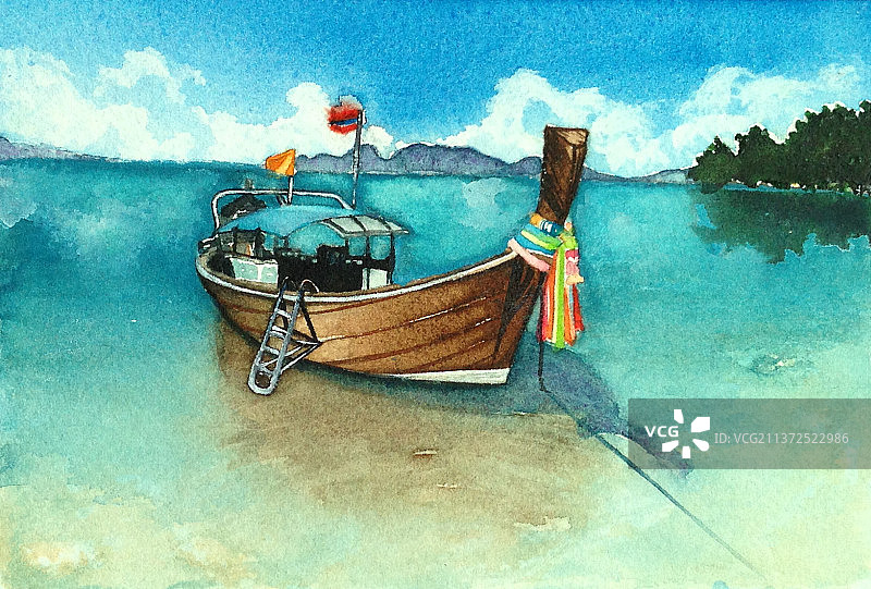 蔚蓝海边停泊的一只小船图片素材