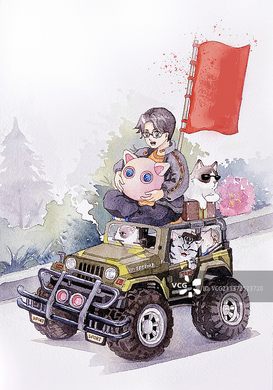 少年与他的猫咪驾车旅游图片素材