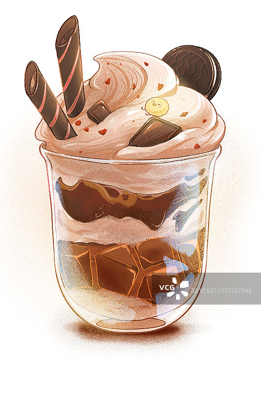 白色背景下的玻璃杯巧克力冰淇淋特写镜头免抠图片素材