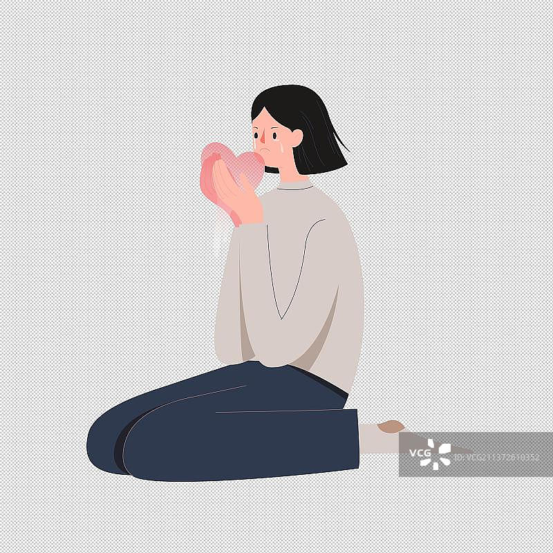 女孩难过的坐在地上矢量人物插画元素图片素材