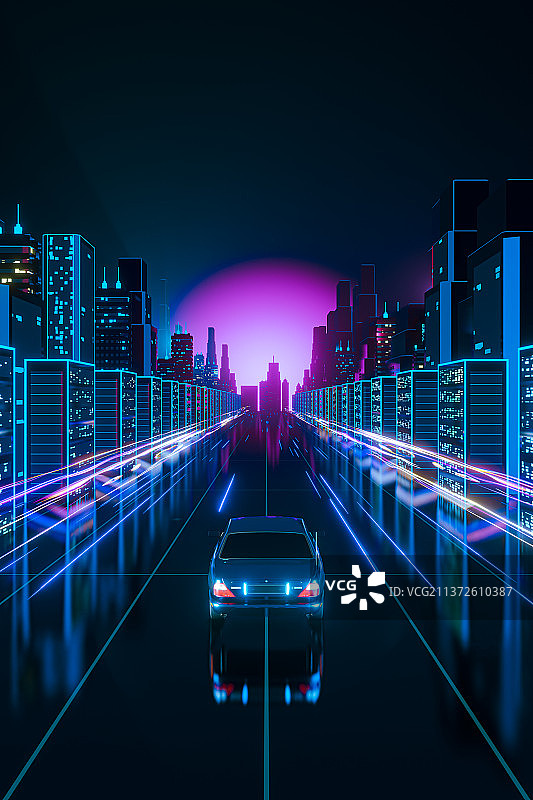 3D赛博朋克风格城市道路夜景插画图片素材