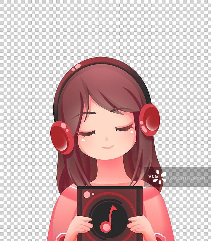 可爱女孩拿着唱片，闭着眼睛享受耳机里的音乐，卡通头像免扣素材图片素材