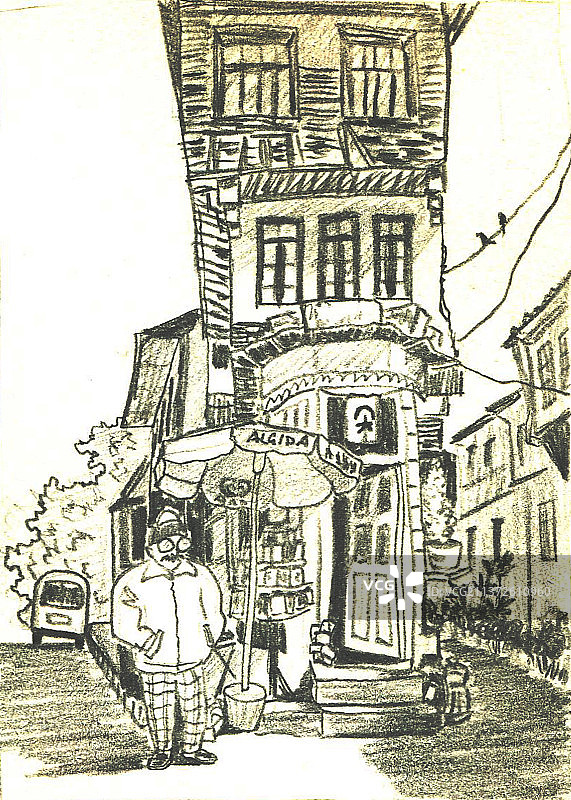 炭笔水彩街角图片素材