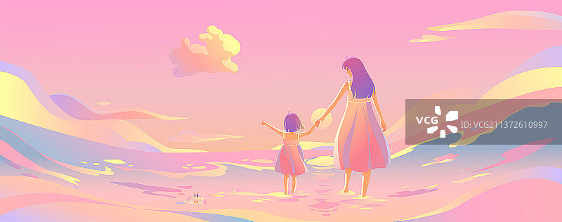 母女俩在粉色日落的海边看天边的彩云横板图片素材