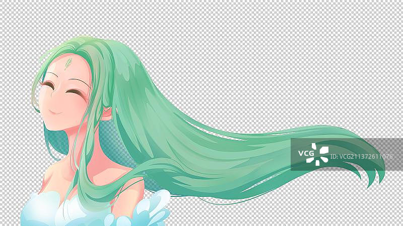 绿色长发的美女,仰头微笑，卡通头像免扣素材图片素材