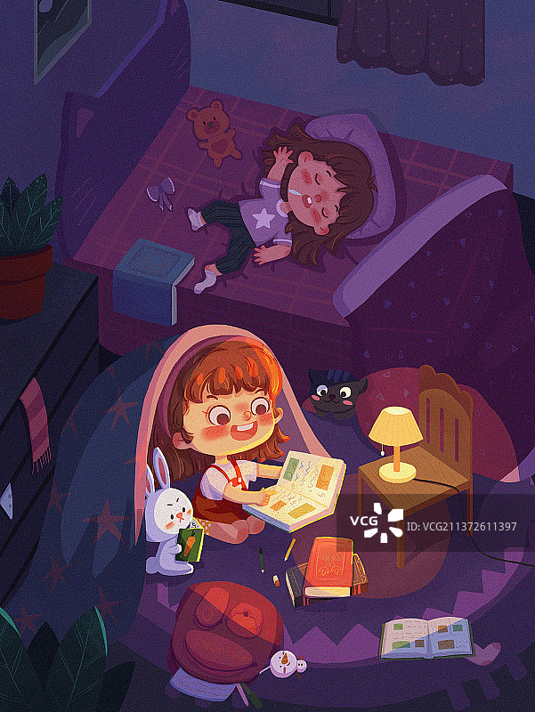 夜晚读书儿童插画图片素材