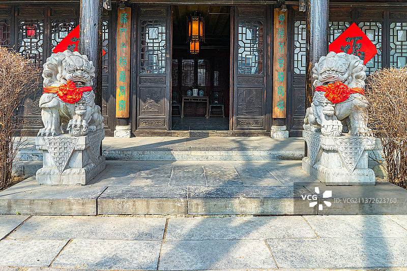 中国山东省枣庄市台儿庄古城，著名旅游景点，中国园林里的古代建筑兰婷书寓外立面，户外无人图像摄影图片素材