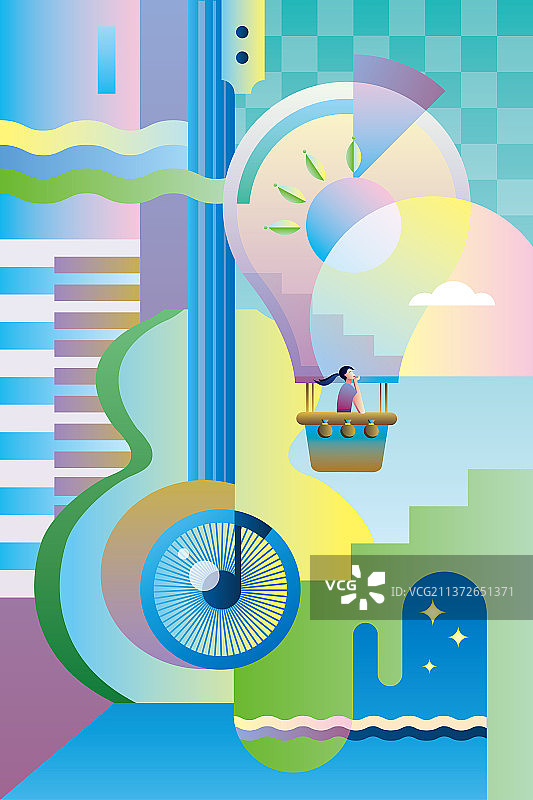 女孩乘着热气球在音乐世界里畅游插画壁纸图片素材