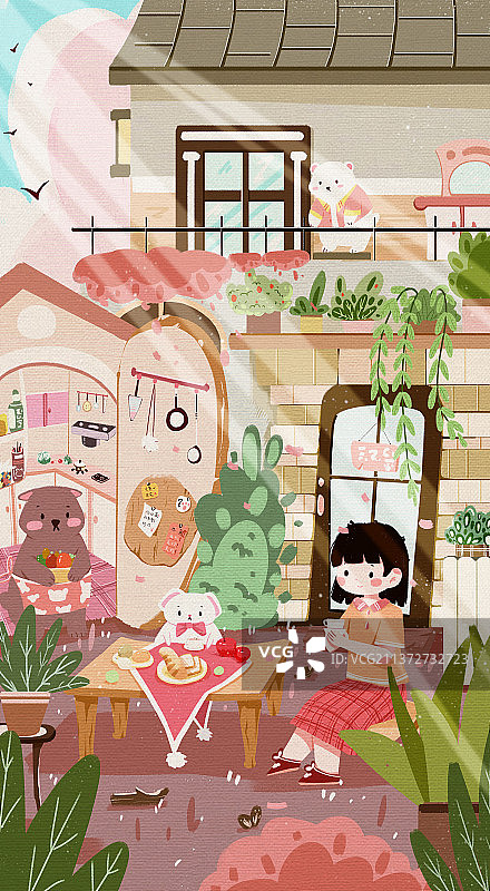 扁平可爱喝下午茶的女孩图片素材