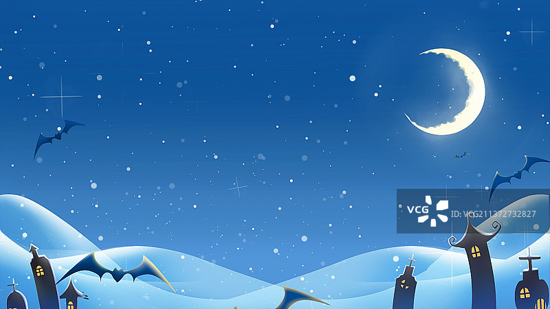 夜幕下，残月与蝙蝠与巫师房，深蓝色卡通动漫万圣节插画图片素材
