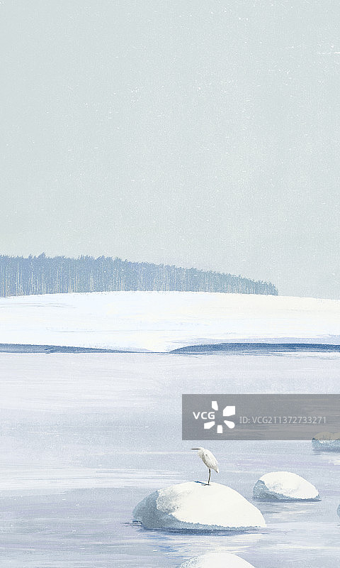 冬天结冰了的河岸上站着白鹭图片素材