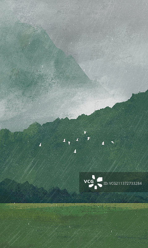 群鸟飞过雨中的大山图片素材