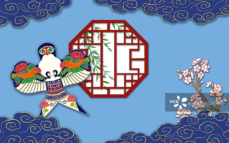 景泰蓝风春花风筝花窗图图片素材