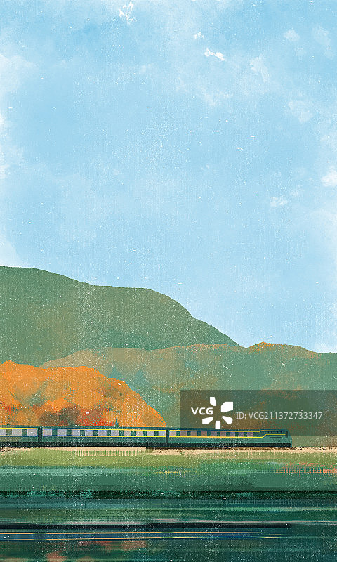 火车驶过山下的河岸图片素材