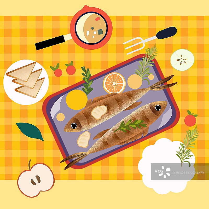 美食插画烤鱼早餐蘑菇汤野餐户外美食图片素材