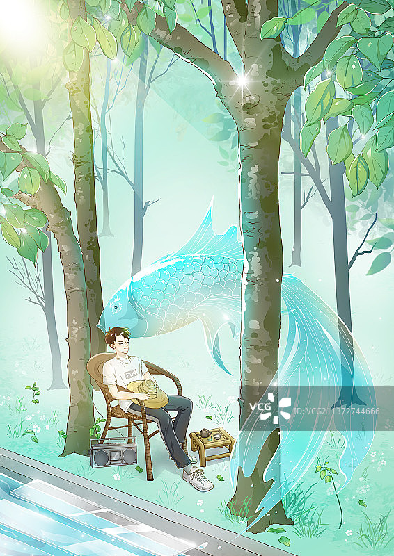 男孩在小树林乘凉梦幻场景图片素材